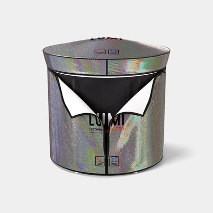 LUMI Ultra Cover, an iridescent holographic ice bath cover with UV-reflective surface, featuring a zip-top design and insulated walls, shown in sleek cylindrical form with distinctive logo against a light background