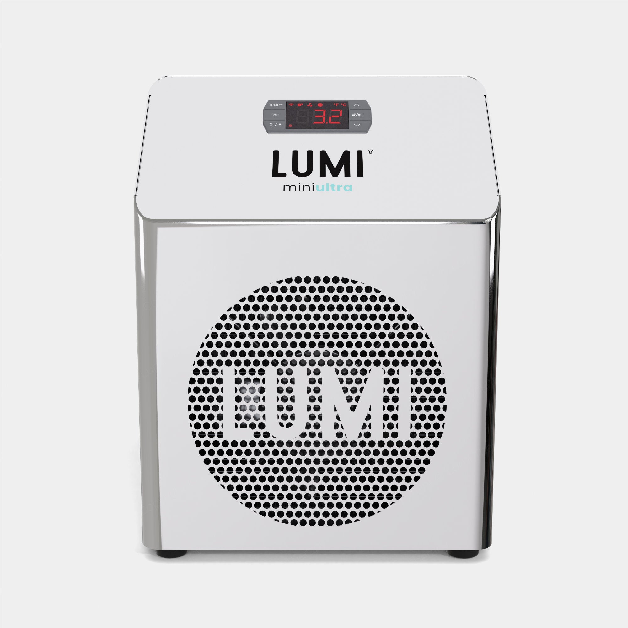 NL - Promo Gifts: LUMI mini Pro air purifier in sleek white design featuring digital temperature display and perforated circular front panel with LUMI branding, compact cube-shaped device for promotional events