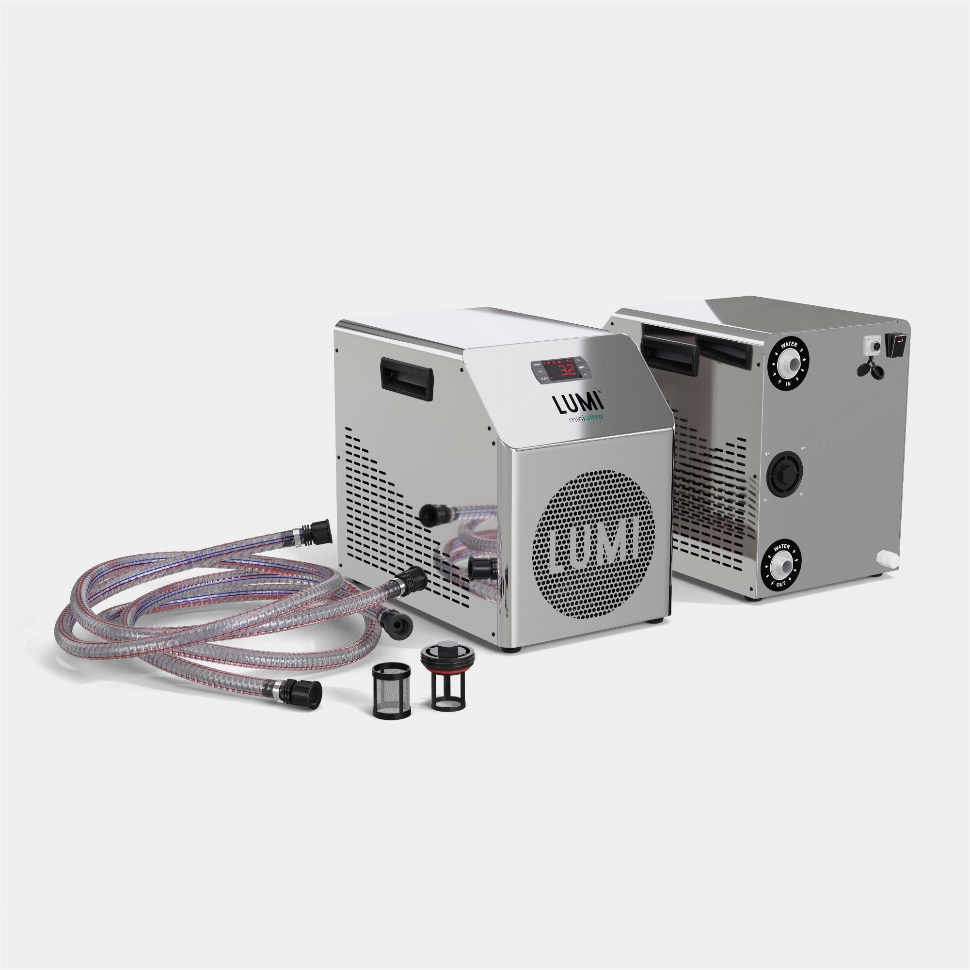 LUMI miniULTRA Chiller unit with mirror-finish stainless steel housing, featuring braided connection hoses, digital display, and removable water filters. Compact ice bath cooling system shown from multiple angles displaying its sleek industrial design and professional-grade components.