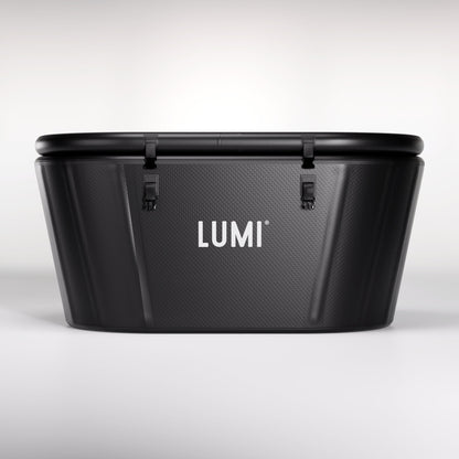 LUMI Pro Duo Ice Bath with secure lid showcasing sleek black design for advanced cold therapy recovery and wellness.