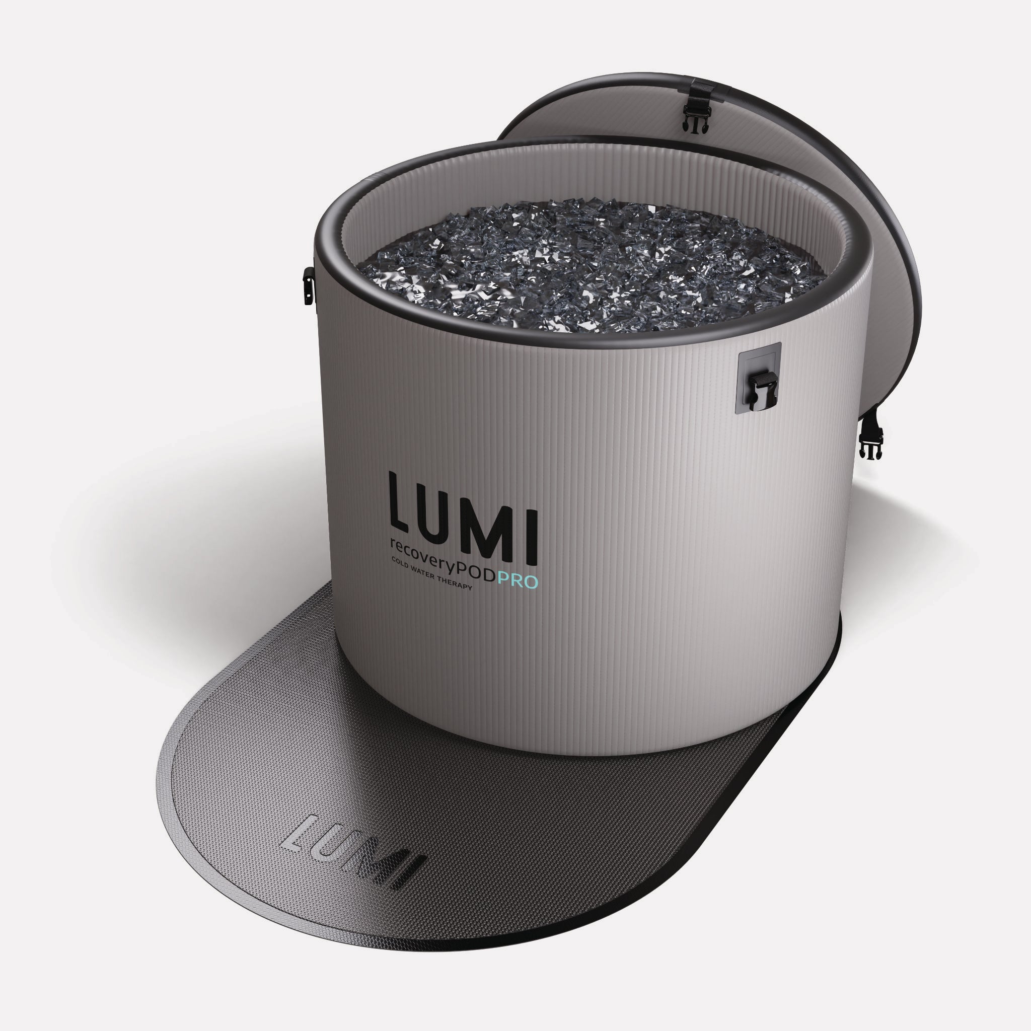 LUMI Ice Bath Floor Mat with non-slip rubberized surface and breathable mesh structure shown with LUMI Recovery Pod PRO