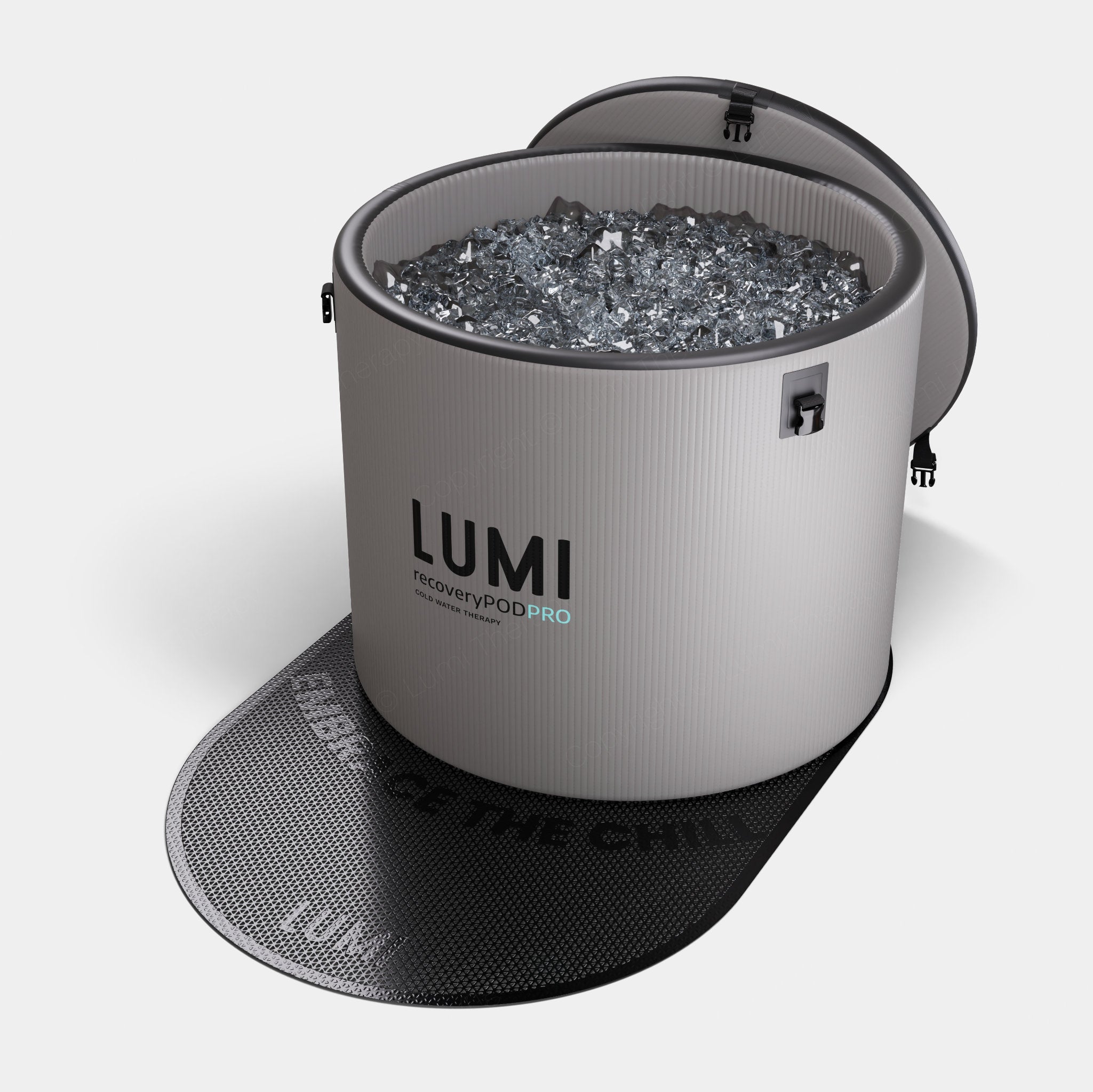 The LUMI Pod PRO sitting on the black LUMI ice bath mat