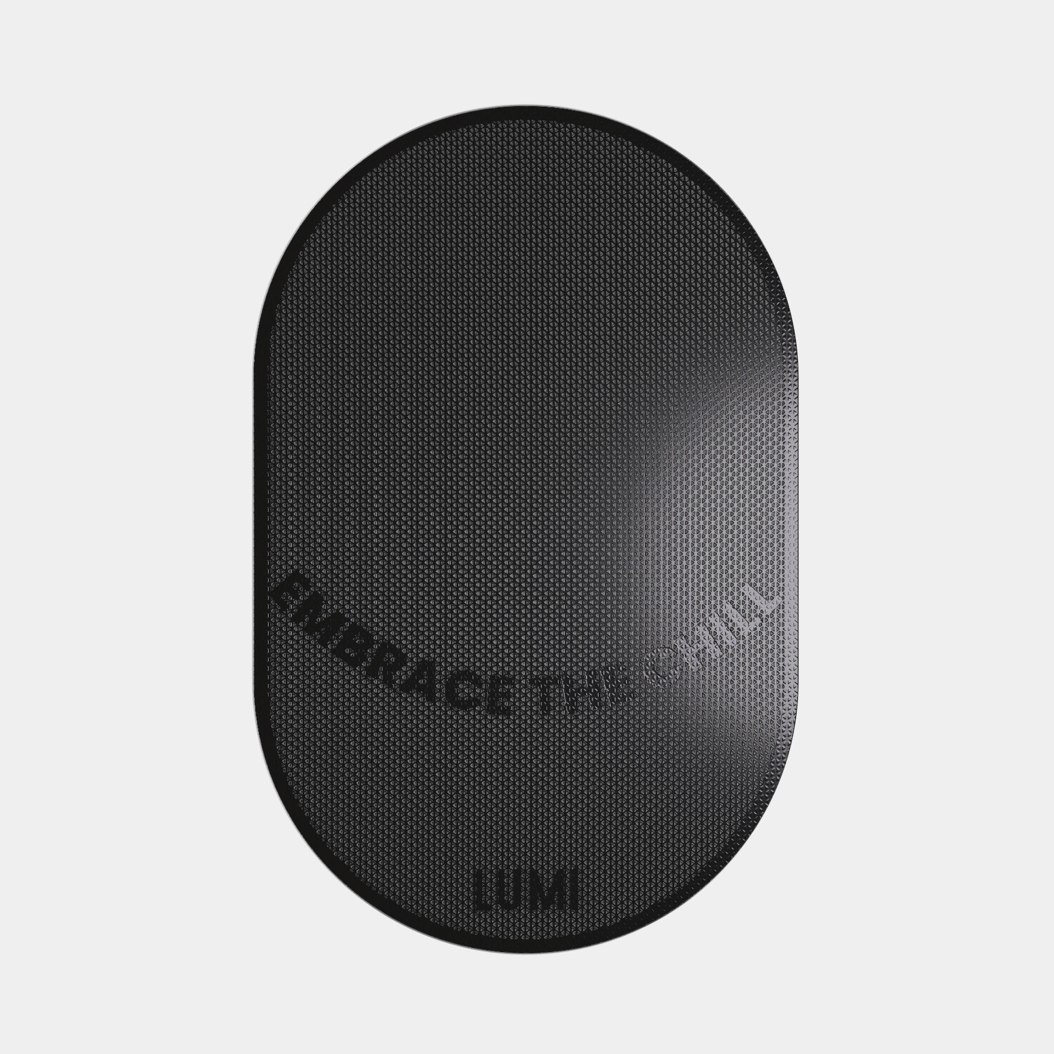 LUMI Ice Bath Floor Mat featuring a sleek oval-shaped black rubber design with textured non-slip surface and mesh drainage pattern, photographed from above against white background, showing subtle brand embossing and professional-grade construction