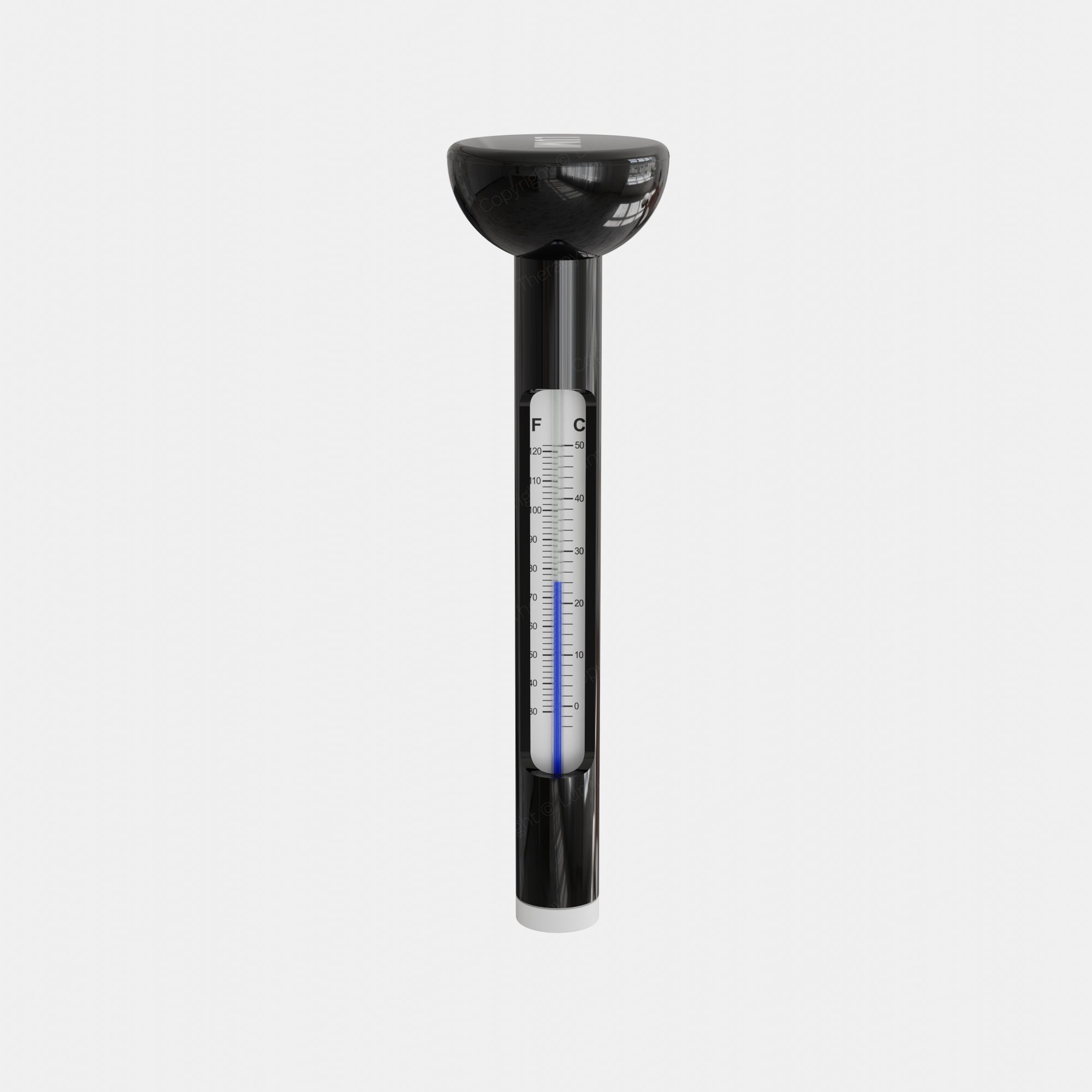 LUMI Thermometer floating temperature gauge featuring a black cylindrical body with rounded top, clear measurement markings, and blue liquid indicator for precise ice bath temperature monitoring during cold water therapy sessions